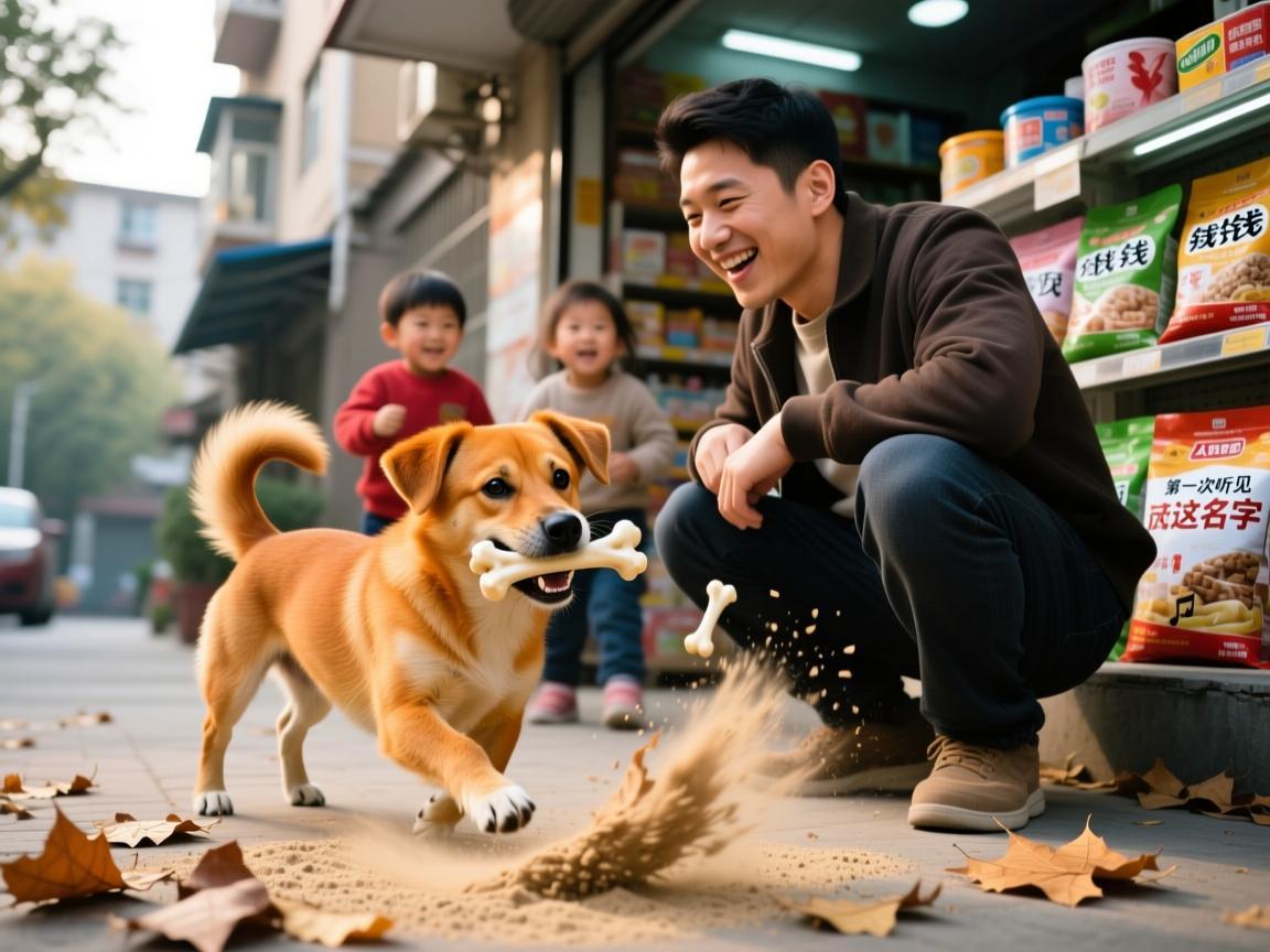 小区里的孩子们总爱追着它喊钱钱，那是只浑身橘黄的小土狗，主人给它起了个特别的名字—人民币。第一次听见这名字时，我正蹲在狗粮店前看它叼着磨牙骨打转，尾巴摇得像节拍器，把地上的落叶扫出沙沙的响声
