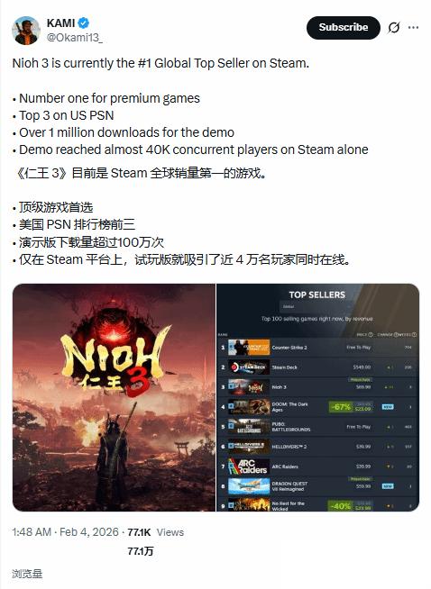 博主曝 仁王3 预购期已登顶Steam销量榜