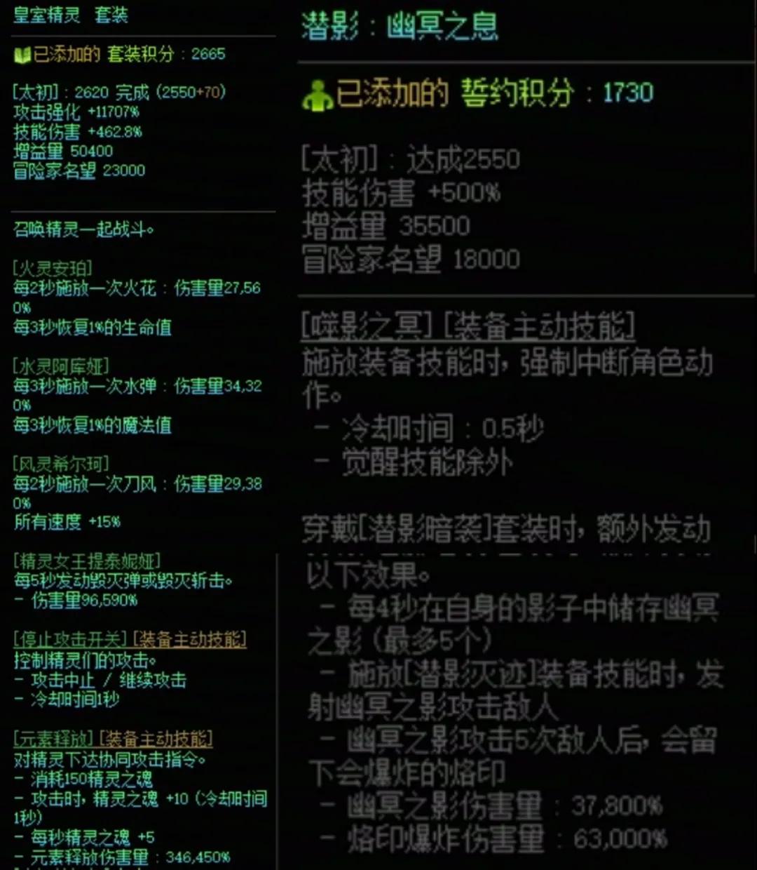 DNF精灵套加潜影搭配属性一览